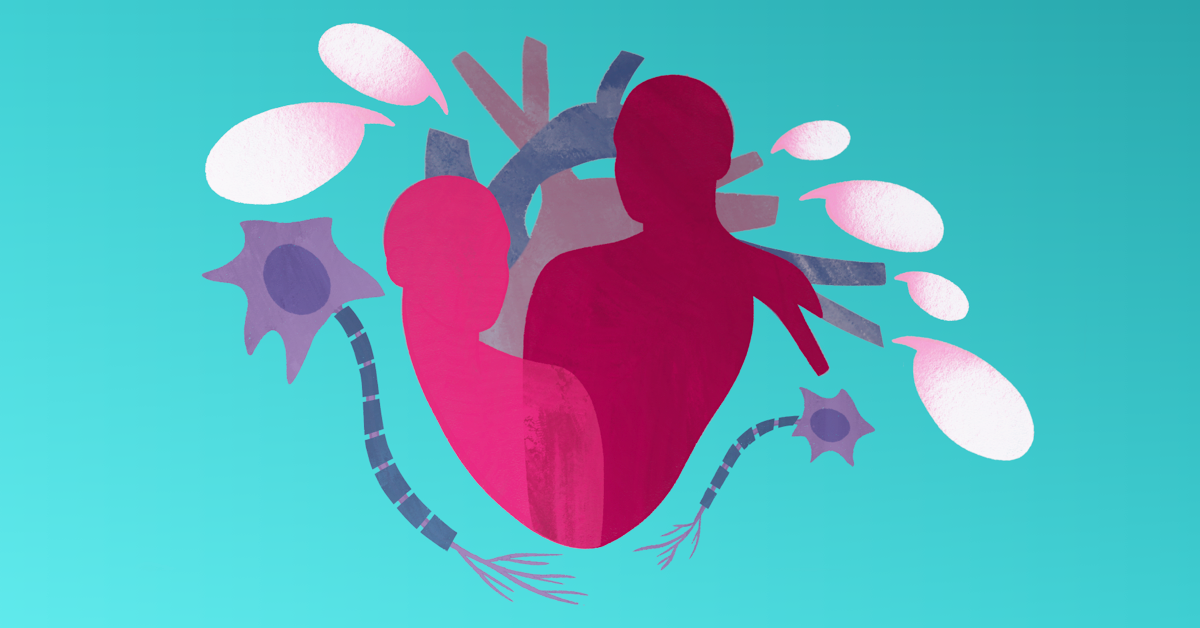 A heart with the silhouette of 2 people in it as speech bubbles come out of the heart.